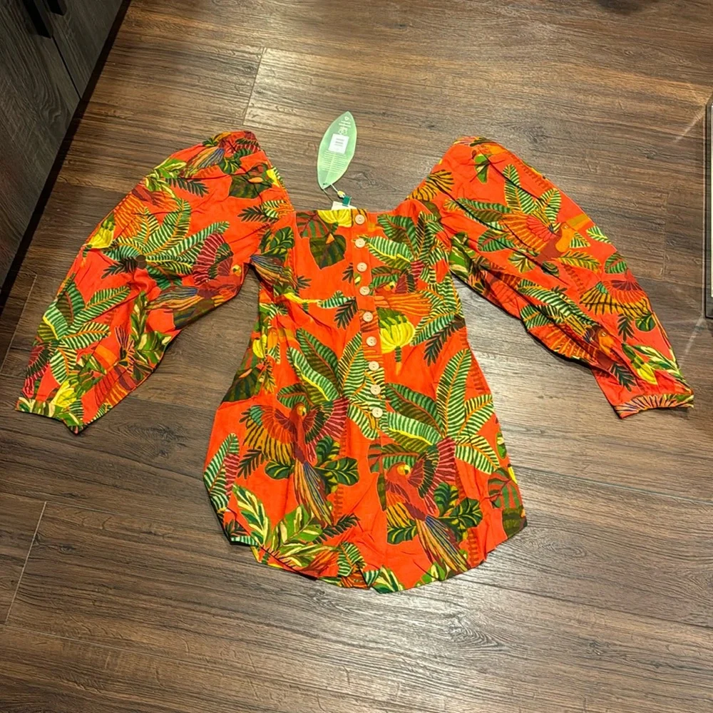 FARM Rio NWT Red Forest Birds Romper with Balloon Sleeves and front Buttons. - Picture 6 of 16